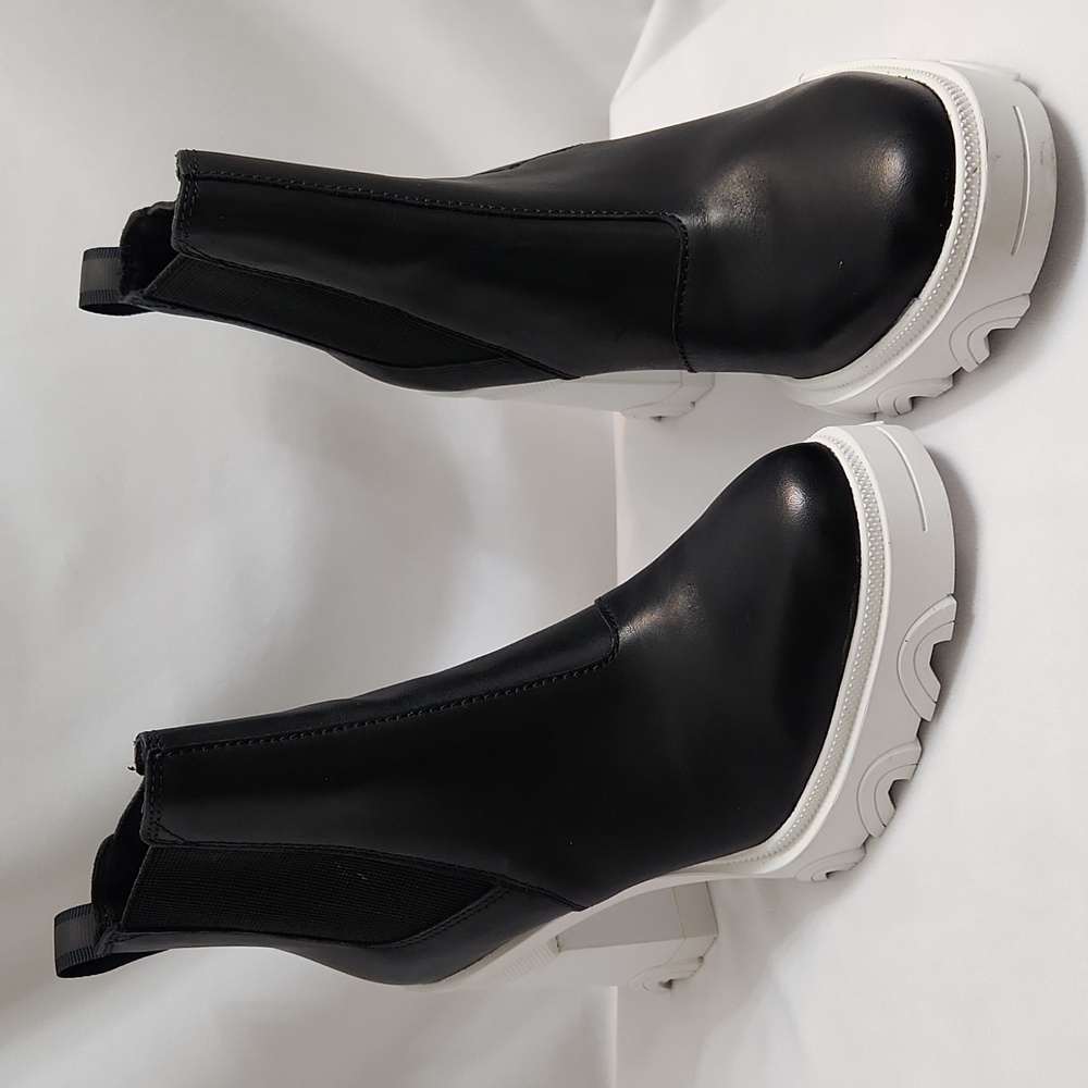 Sorel Brex Chelsea Black White Leather Chunky Heeled Ankle Boots (W Size 9) - Picture 6 of 14